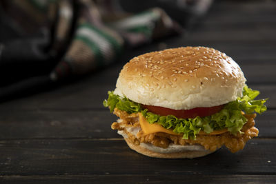 Close-up of burger on table