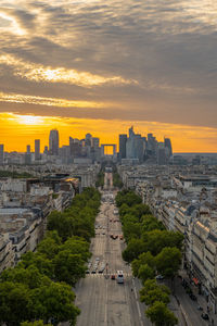 High angle view of cityscape against sky during sunset