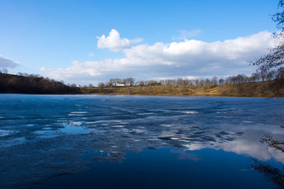 Scenic view of lake against sky during winter