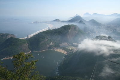 Aerial view of sea and mountains against sky