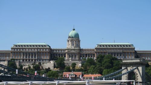 Szechenyi chain bridge and buda castle in city against clear blue sky