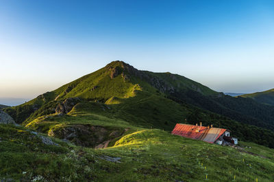 Scenic view of mountains against clear blue sky