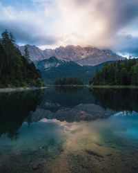 Scenic view of lake and mountains against sky