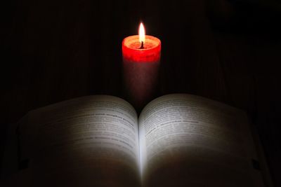 Close-up of lit candle in darkroom