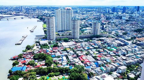 High angle view of modern buildings in city