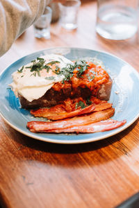 High angle view of meal served on table