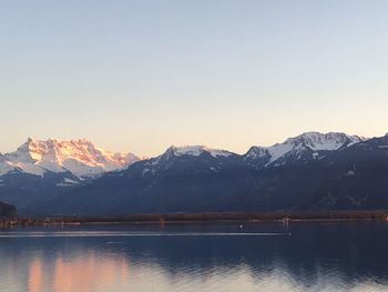 Scenic view of snowcapped mountains against sky during winter