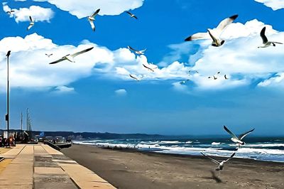 Seagulls flying over beach against sky