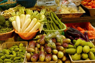 High angle view of various vegetables for sale at market stall