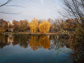 Scenic view of lake against sky during autumn