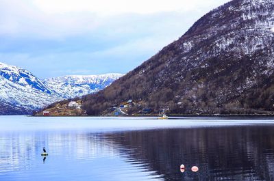 Scenic view of lake by snowcapped mountains against sky