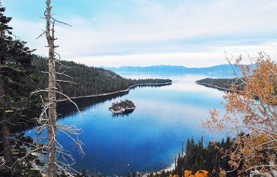 Scenic view of lake against cloudy sky