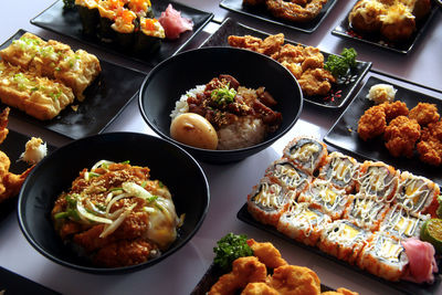 High angle view of food served on table