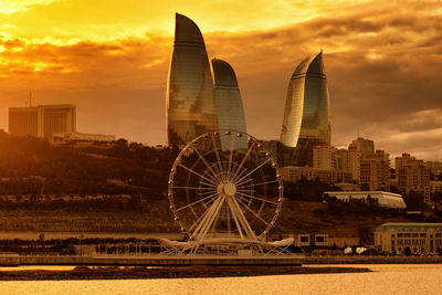 Cityscape view of skyscraper buildings during sunset in baku
