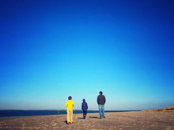 Rear view of men standing against clear blue sky