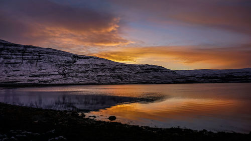 Scenic view of lake against sky during sunset