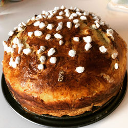 High angle view of cake in plate on table