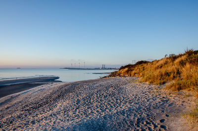 Scenic view of beach against clear sky