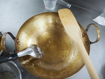 High angle view of meat in kitchen at home