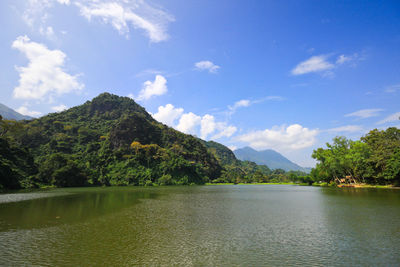 Scenic view of lake against cloudy sky