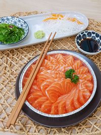 High angle view of food in bowl on table
