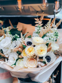 High angle view of roses in plate on table