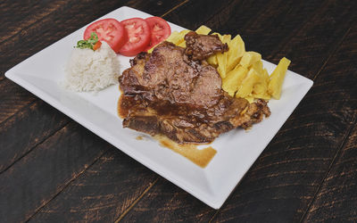 High angle view of food served on table