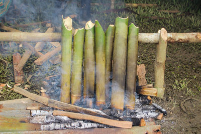 High angle view of carrots on barbecue grill