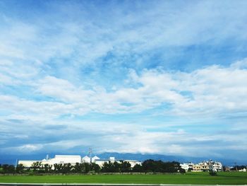 Trees on field against cloudy sky