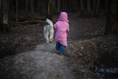 Rear view of girl with dog walking in forest