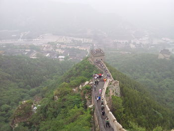 High angle view of people at great wall of china