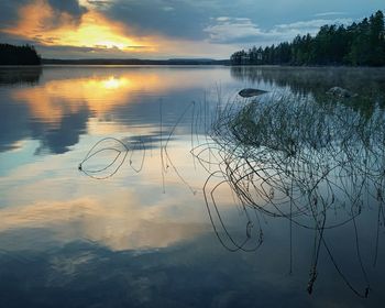 Scenic view of lake against sky at sunset