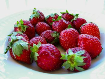 Close-up of strawberries in plate on table