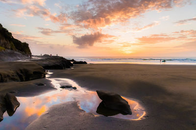 Scenic view of beach against sky during sunset