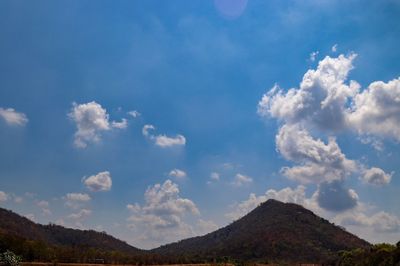 Low angle view of mountain against cloudy sky