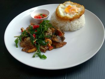 High angle view of breakfast served on table