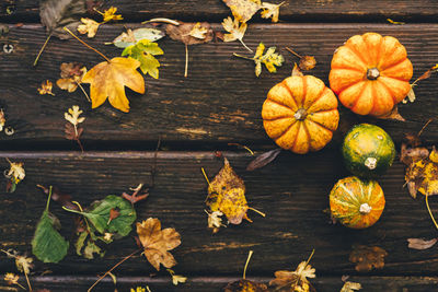 High angle view of autumn leaves on wooden table