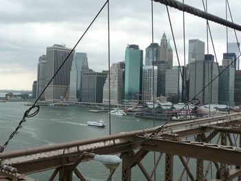 Skyscrapers by east river seen through manhattan bridge against cloudy sky