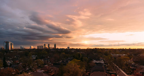 High angle view of townscape against sky during sunset