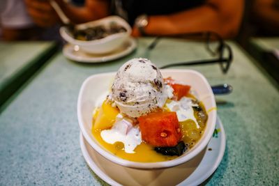 High angle view of ice cream in plate on table