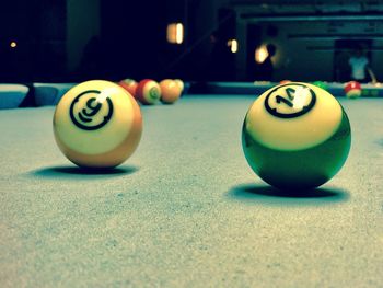 Close-up of snooker balls on table