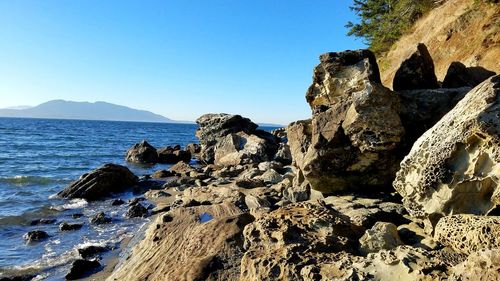 Rocks on beach against clear blue sky