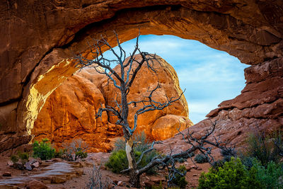 Rock formations on mountain against sky