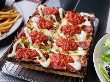 High angle view of pizza on table