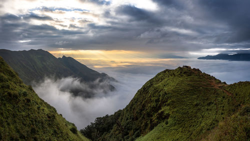 Scenic view of mountains against sky during sunset