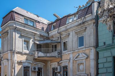 Damaged by a russian rocket building in the unesco-protected historical center of odessa, ukraine