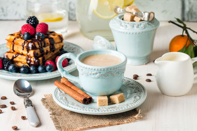 High angle view of breakfast served on table