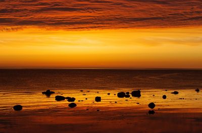 Scenic view of sea against orange sky