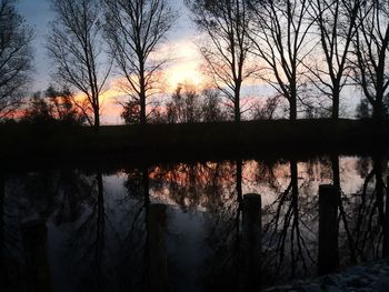 Silhouette trees by lake against sky during sunset