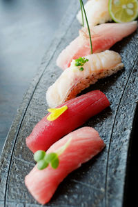 High angle view of sushi served in tray